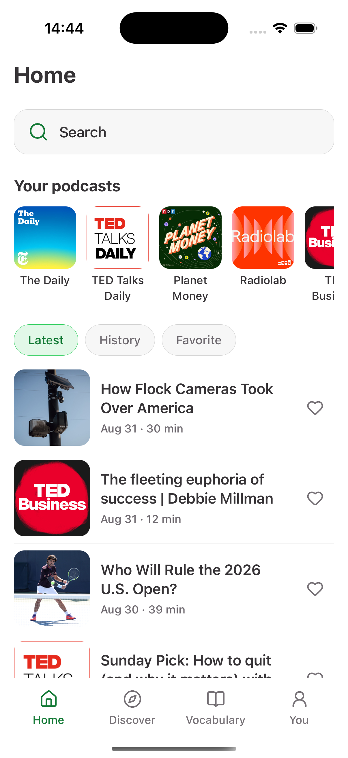 Glimzy home screen showing podcasts and recent English episodes